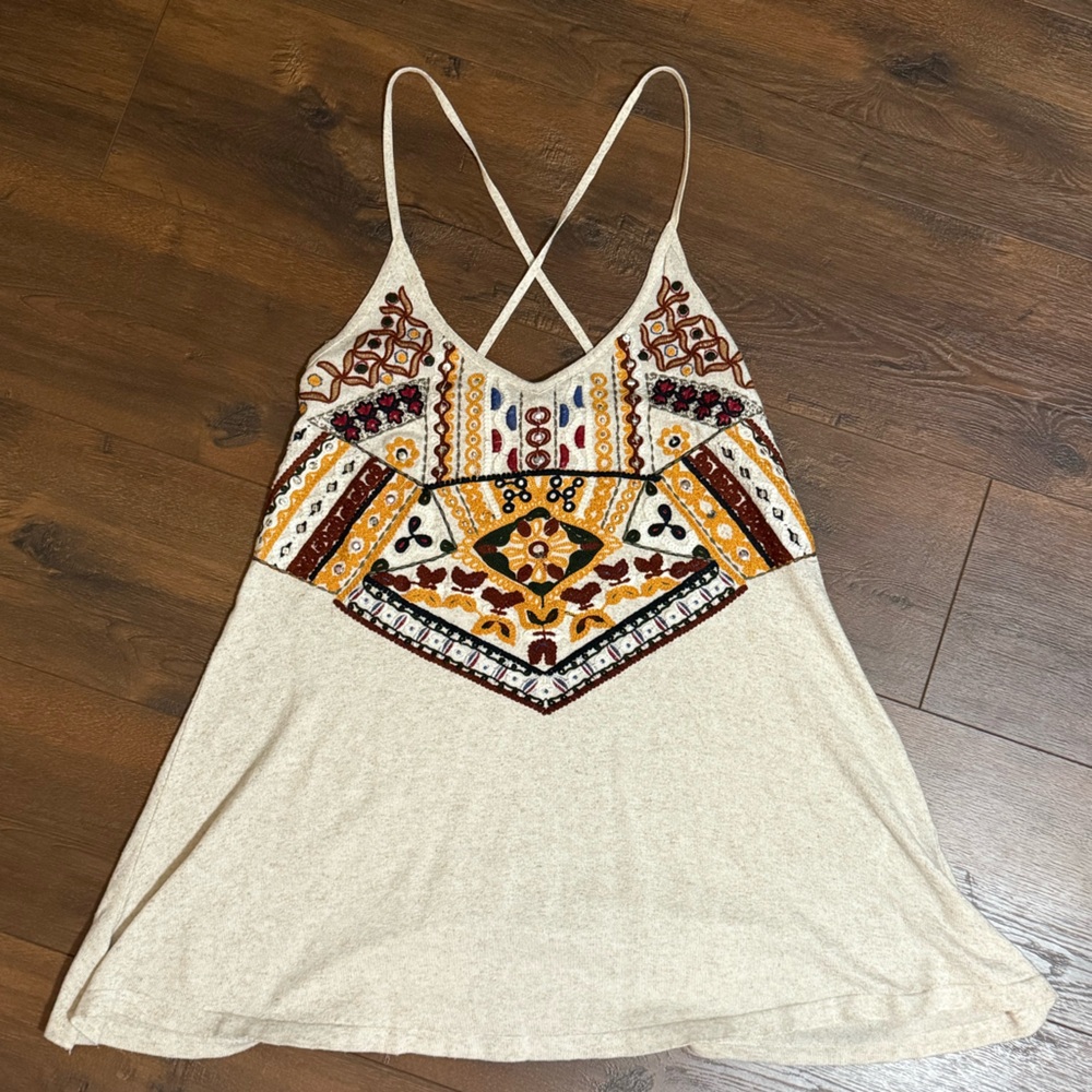 Zara Multicolor CreamGray Embroidered Knit Top